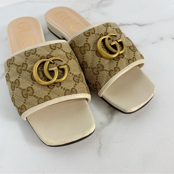GUCCI Monogram Matelasse GG Marmont Flat Slide Sandals Beige Ebony Mystic White - Picture 5 of 15